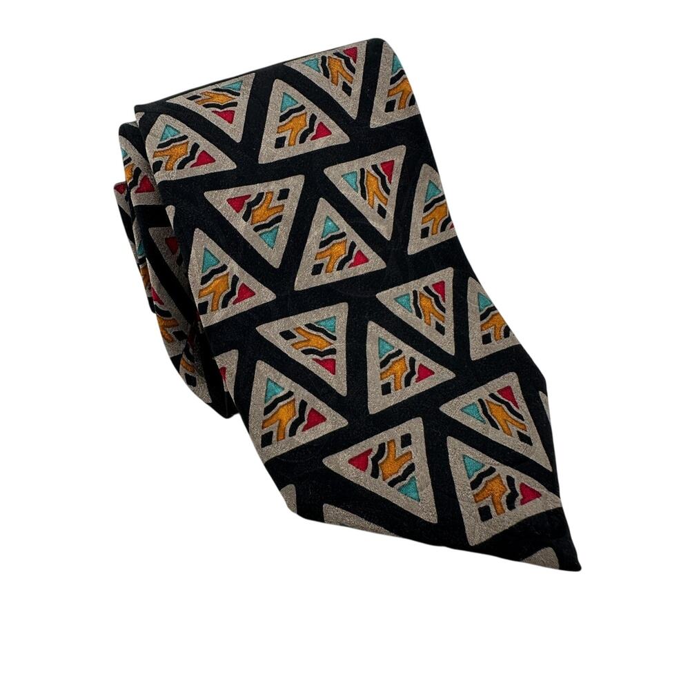 Guy Laroche Silk Necktie Geometric Triangle Pattern Black Made in Canada